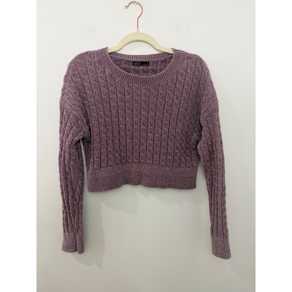 Nikka K Womens Mauve Purple Chenille Cable Knit Cropped Sweater Size Large